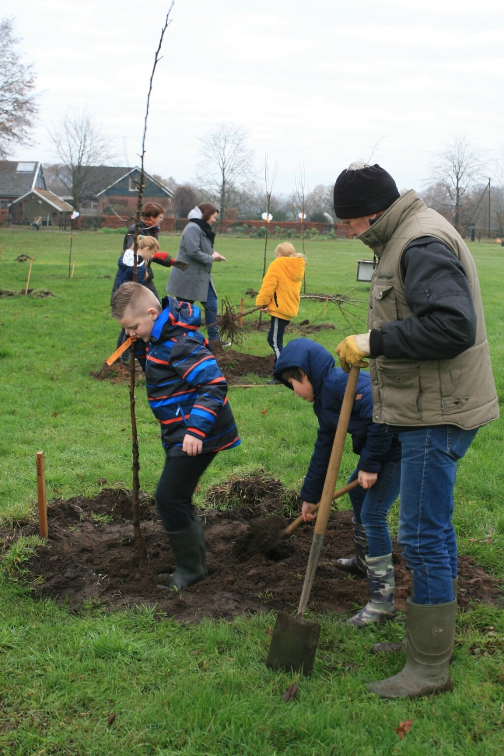 Leerlingen Canisiusschool planten boompjes in voedselbos 't Niklaos. Foto: Jos Betting 