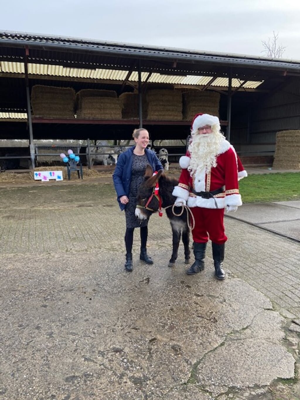 Juf Joyce, de kerstman en zijn ezel staan op hun post. Foto: PR