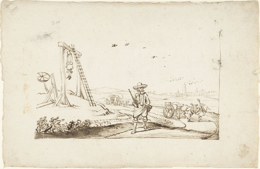 Heer lopend op een landweg langs galgen, Gesina ter Borch, ca. 1654. Bron: Rijksmuseum