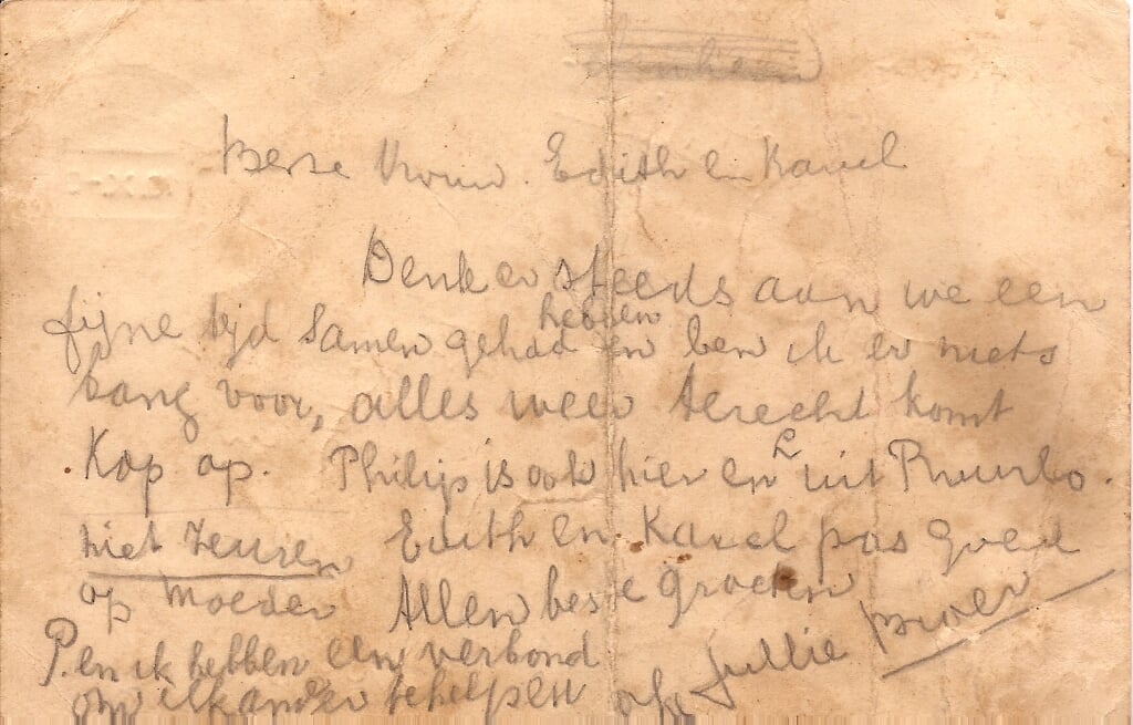 Briefkaart die Samuel Jacobs uit de trein naar Mauthausen gooide. Archief Willy Hermans