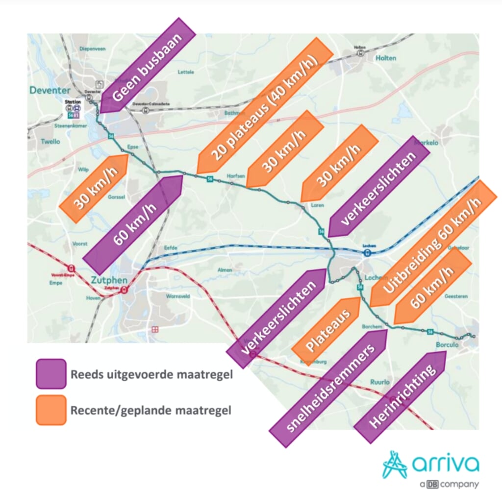 Arriva heeft een kaartje gemaakt met alle (beoogde) belemmeringen tussen Borculo en Deventer.