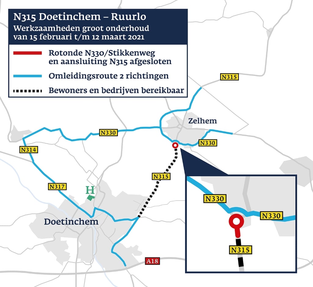 Omleidingsroute voor werkzaamheden aan de N315 Doetinchem-Ruurlo. Beeld: Provincie Gelderland