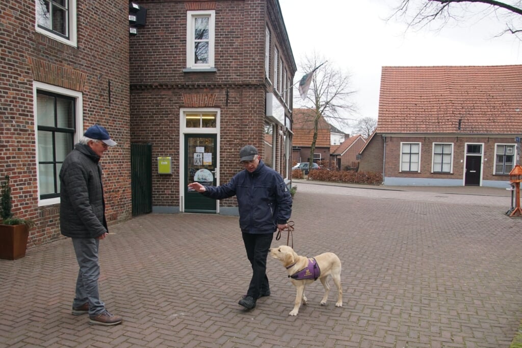 Wim Derksen onderweg met Kuvas, die zijn dekje draagt. Dat is het teken dat de hond 'aan het werk' is en niet mag worden afgeleid. Foto: Frank Vinkenvleugel