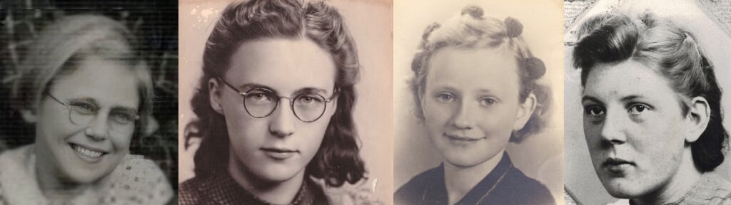 Annie Denkers, Dinie Kip, Alie van Emst, Grietje Naaijer (v.l.n.r.), slachtoffers van het bombardement op Zutphen. Foto: archief. Met dank aan Gerrie Meijboom