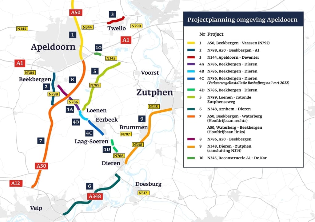 Kaart met een overzicht van de wegen waar het komend jaar groot onderhoud wordt uitgevoerd. Foto:  Provincie Gelderland