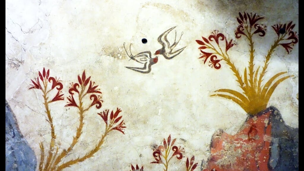 Wandschildering uit Kreta, zwaluwen en bloeiende lelies. ca. 1550 voor Christus. Foto: PR