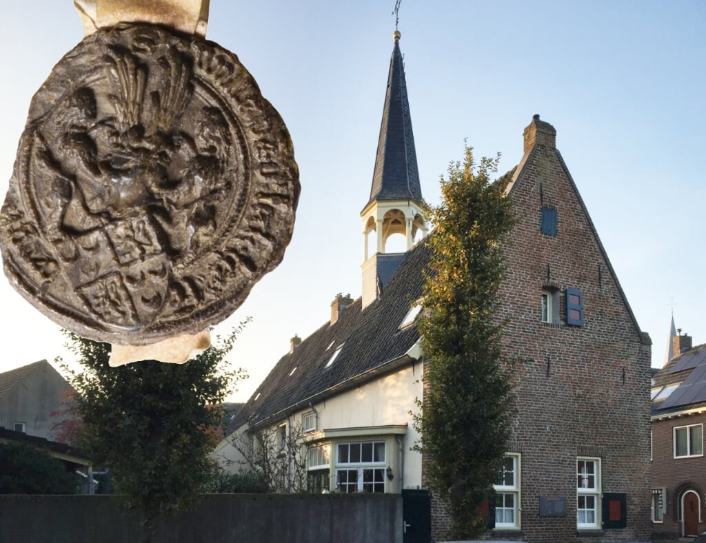 Het oude Gasthuis in 's-Heerenberg en het zegel van Heer Willem II van den Bergh, dat het zegel van Bergh (moederskant) en Wassenaar (vaderskant) combineert. Foto: PR