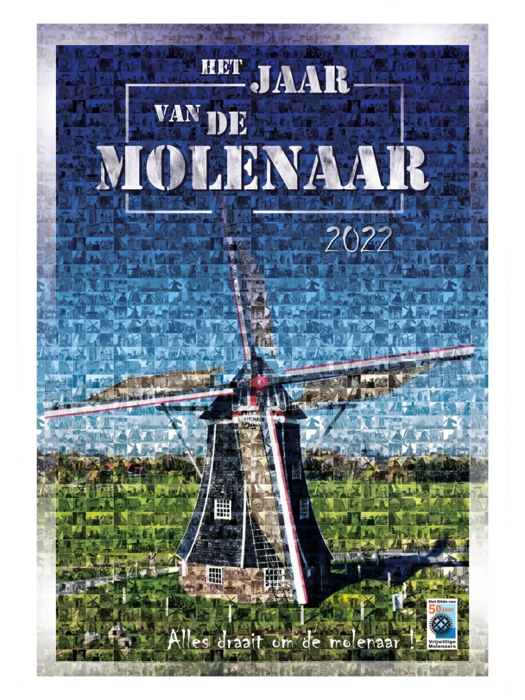 Poster van het Jaar van de Molenaar. In de afbeelding zijn kleine portretjes van molens en molenaars te zien. Foto: Paul van Druten 