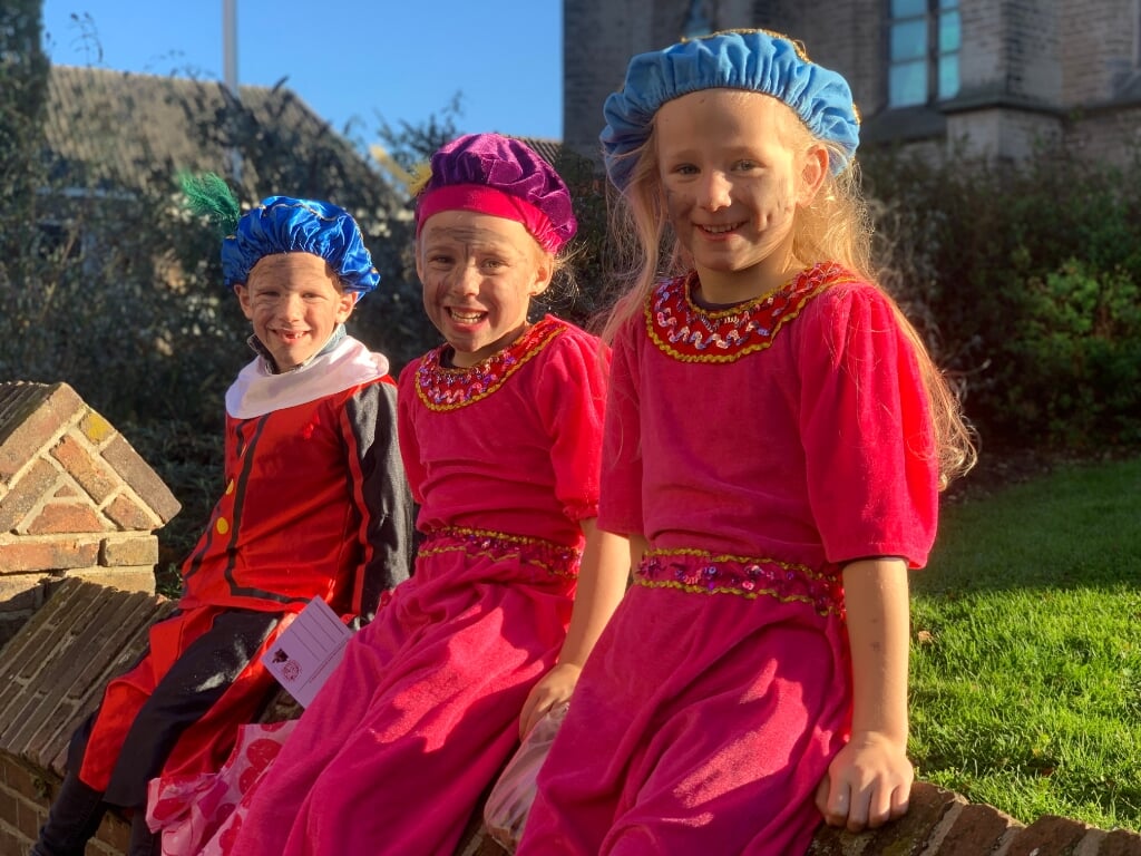 Drie kinderen hebben zich prachtig verkleed voor de intocht van de Sint. 