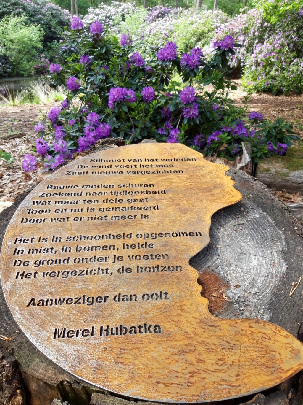 Het monument met daarop het gedicht, geschreven door de Zutphense stadsdichteres Merel Hubatka. Foto: Natuurbegraafplaats Schapenmeer