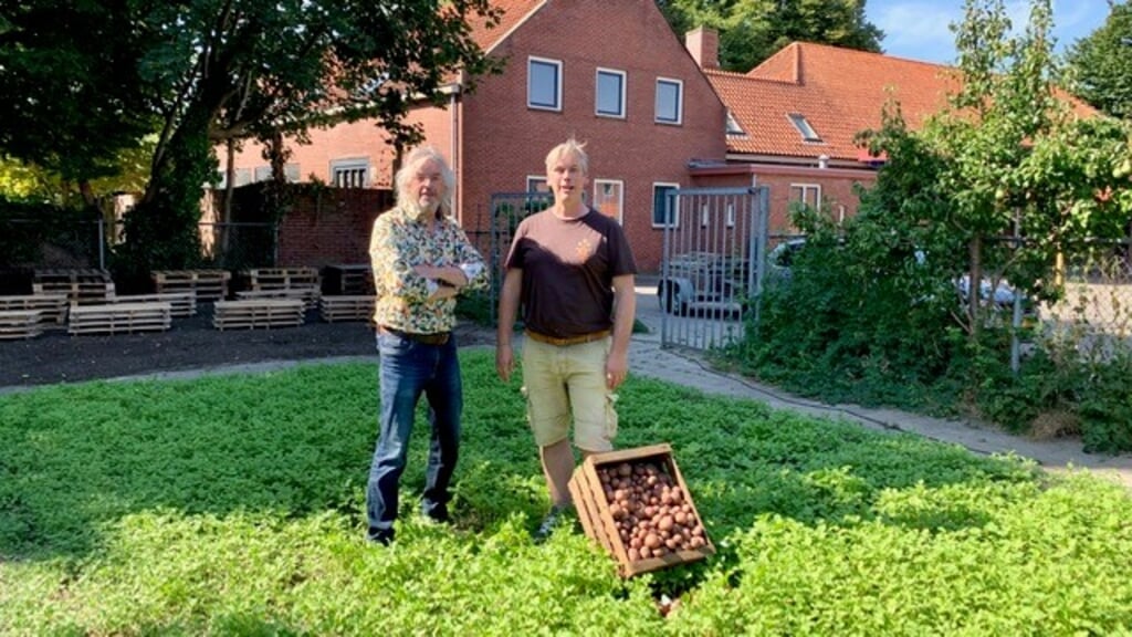 Ronald Mullié (links) en Leander Grooten (rechts) in de tuin van Klimop waar het Biltstar Aardappelfestival plaats vindt. Foto: Maarten Reuvekamp