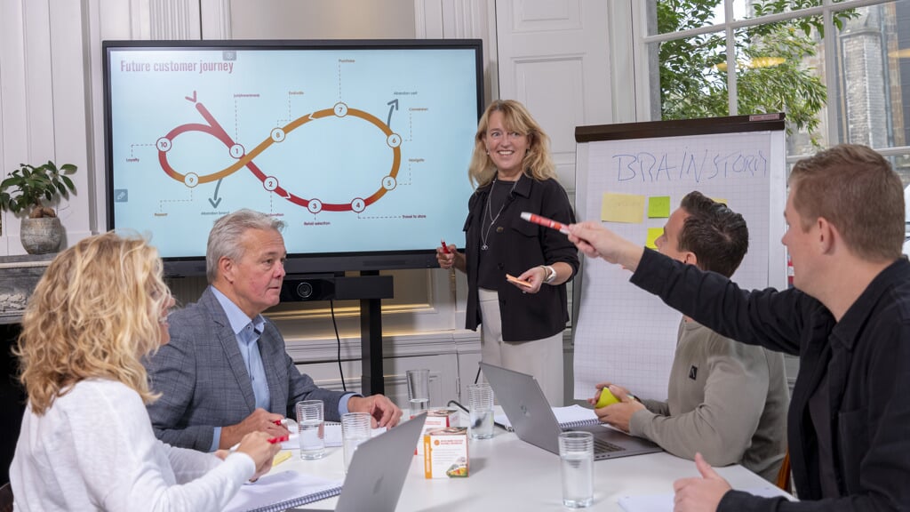 Anita Verdonk (m) en Martin Kok (tweede van links) werken met hun team aan de 'future customer journey'.'