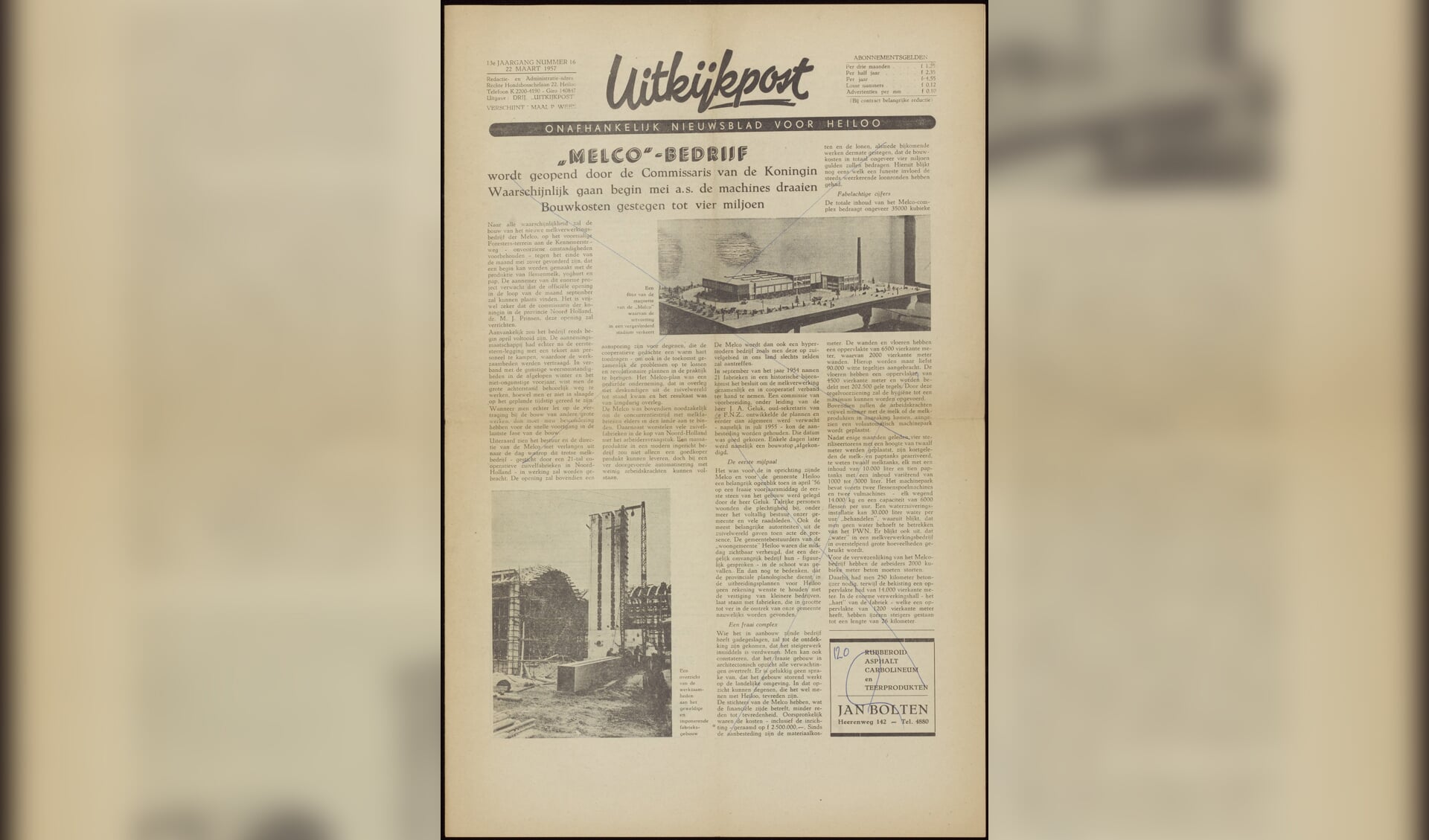 Melco-bedrijf wordt geopend door de Commissaris van de Koningin’ kopt de Uitkijkpost op 22 maart 1957