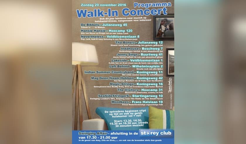 Walk-In poster 2016, nu al een collectors item. Op privé-locaties, verspreid over het dorp, kun je heerlijk luisteren naar muziek op huiskamerniveau,… het is aangenaam voor iedereen,... de optredens beginnen stipt op elk half uur,... en ook nu geldt weer: huiskamer vol = vol!