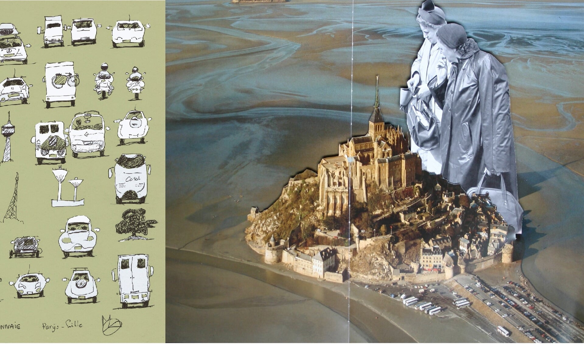 Links: pentekening 'Monnaie-Parijs Lille' van Monique Louter Cedée. Rechts: 3D-collage 'Bargain property ' van Sophidavich.
