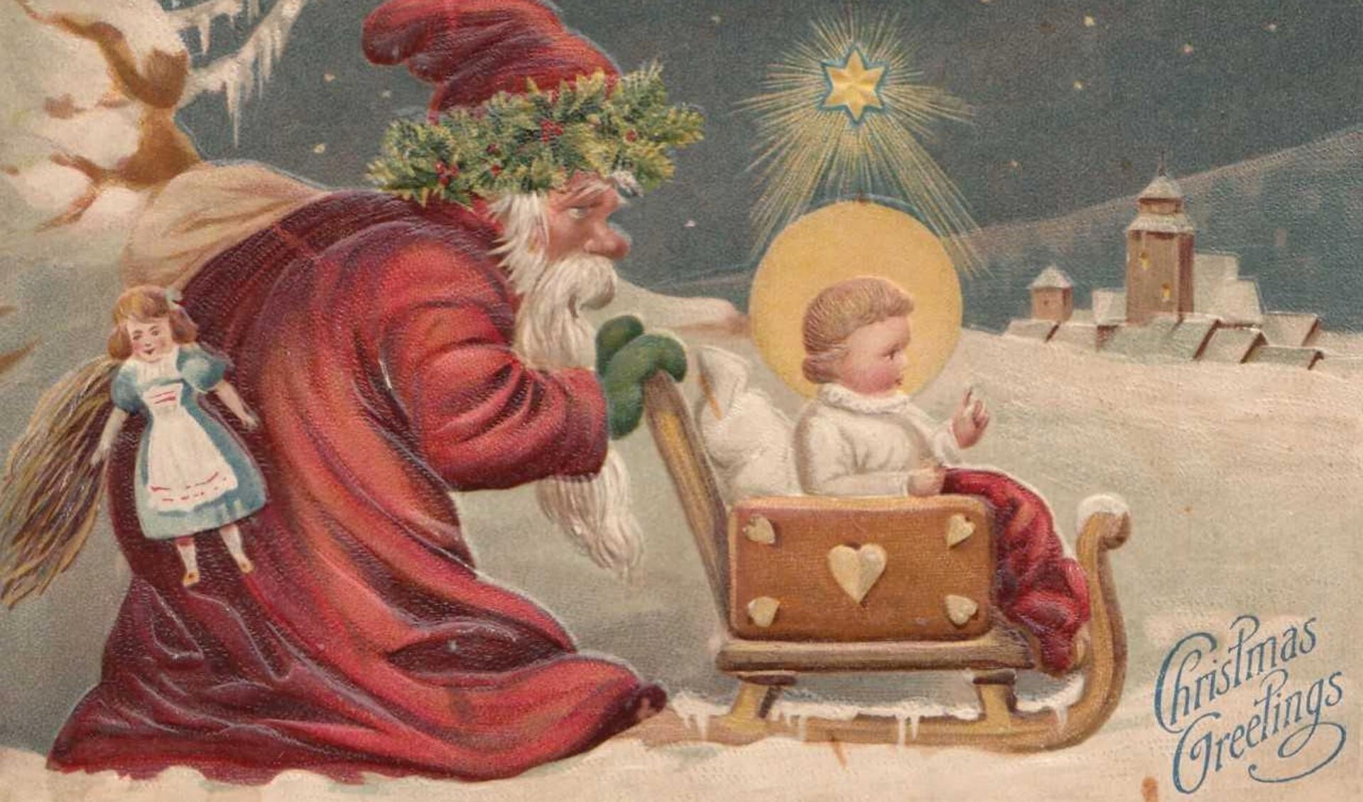 Duitse kerstkaart in reliëf van de kerstman met het Kerskind, gedrukt rond 1905 en bestemd voor de Engelse markt. 