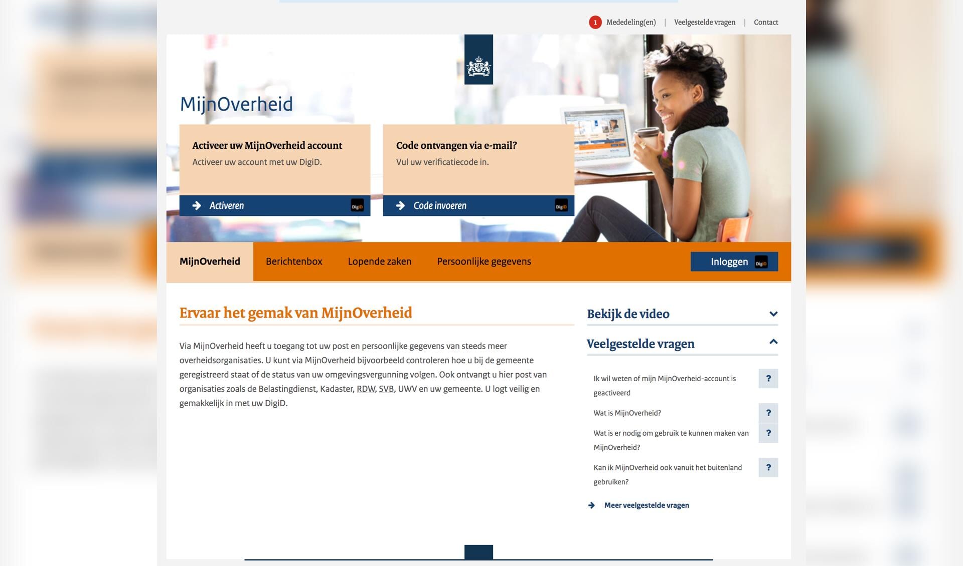 De daadwerkelijke website van MijnOverheid 