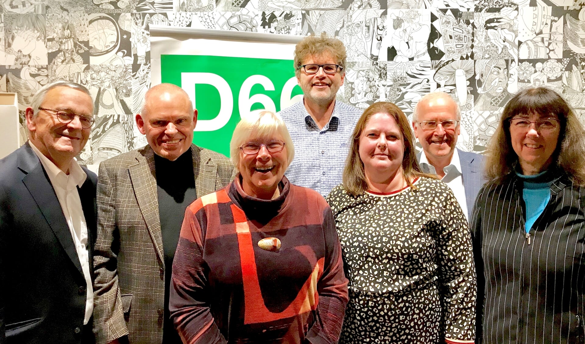 Het nieuwe bestuur van D66 BUCH bestaat uit (v.l.n.r.) Frits Roskam, Fred Lindhout (voorzitter), Anja de Ruiter, Evert Castelein, Marieke Hendriksen, Hans van Halem, Divera Borsboom en Jan Snijder (niet op de foto).