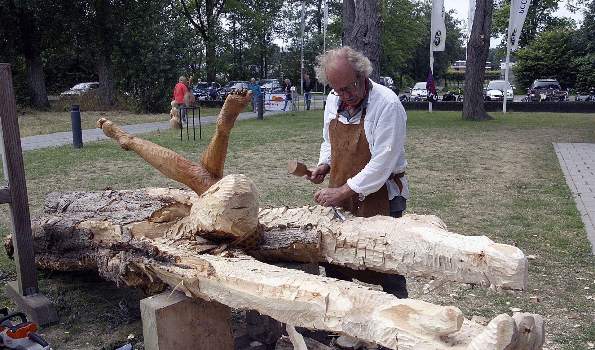 Jos Apeldoorn maakt het liefst sculpturen van pas gerooide bomen. 