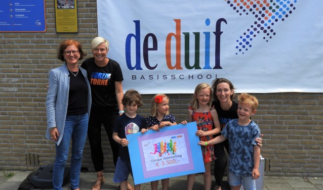 V.l.n.r: Annemiek van de Vliet, directeur van De Duif met Saskia (Forza4Torre), Finn, Lisa, Eef, AnoukBekkers (Forza4Torre) en Tijn.