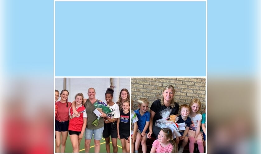 Foto links Melanie Tabak en foto rechts Linda Brouwer, beiden temidden van een aantal van hun leerlingen.