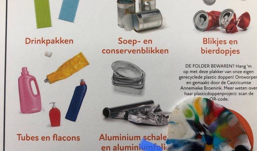 <p>Deze badge van gerecyclede doppen vind je in de folder 'Wij gaan aan de bak!</p>
