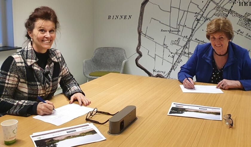 Krista Walter (links) directeur-bestuurder van Kennemer Wonen en Gerda Kuyper namens de huurdersorganisaties,ondertekenen de prestatieafspraken. In verband met de maatregelen rondom Corona, vindt ondertekening namens de gemeentenplaats op afstand