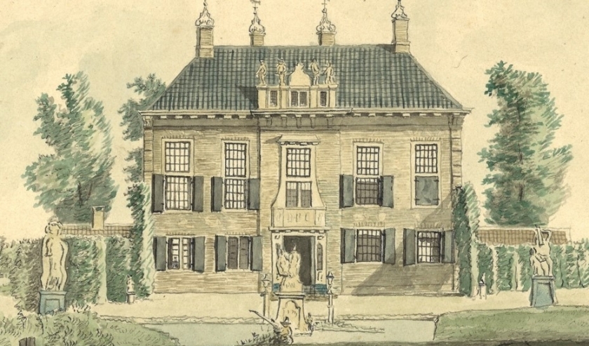 Afbeelding met vier beelden op dakkapel van Nijenburg J.A. Crescent, 1811, RAA Alkmaar