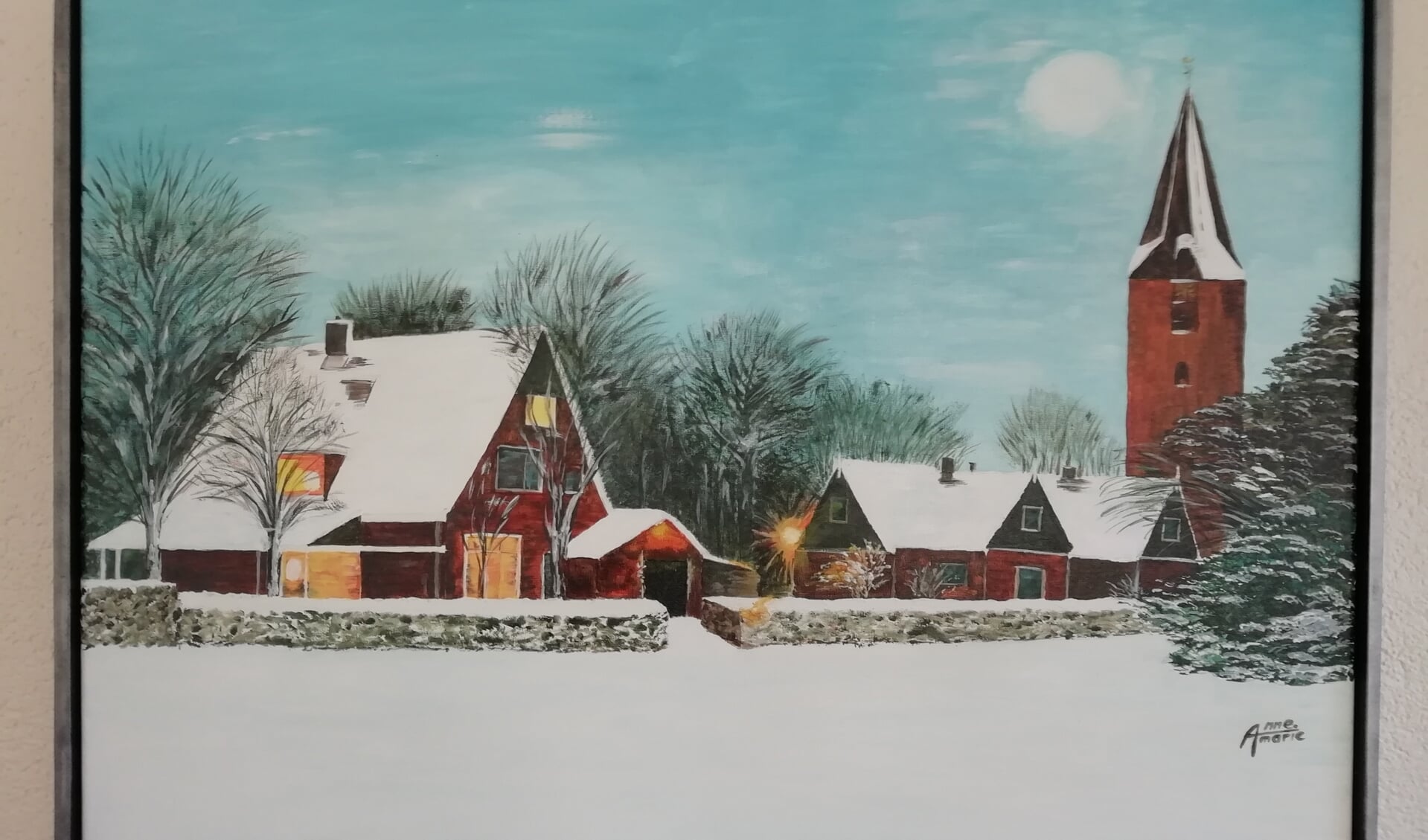 Winters tafereel, geschilderd door Annemarie Zonneveld.