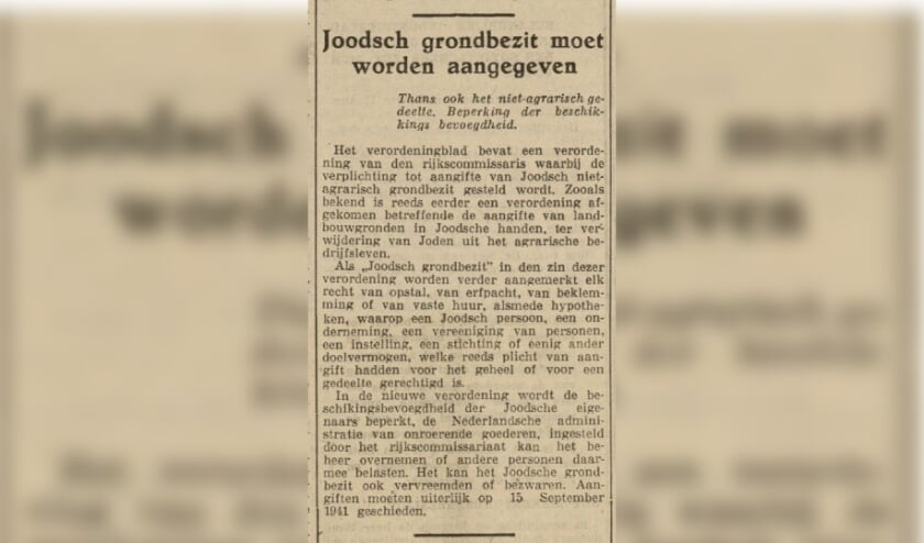 Aankondiging van het aangeven van Joods onroerend goed in de Heldersche Courant in augustus 1941.  