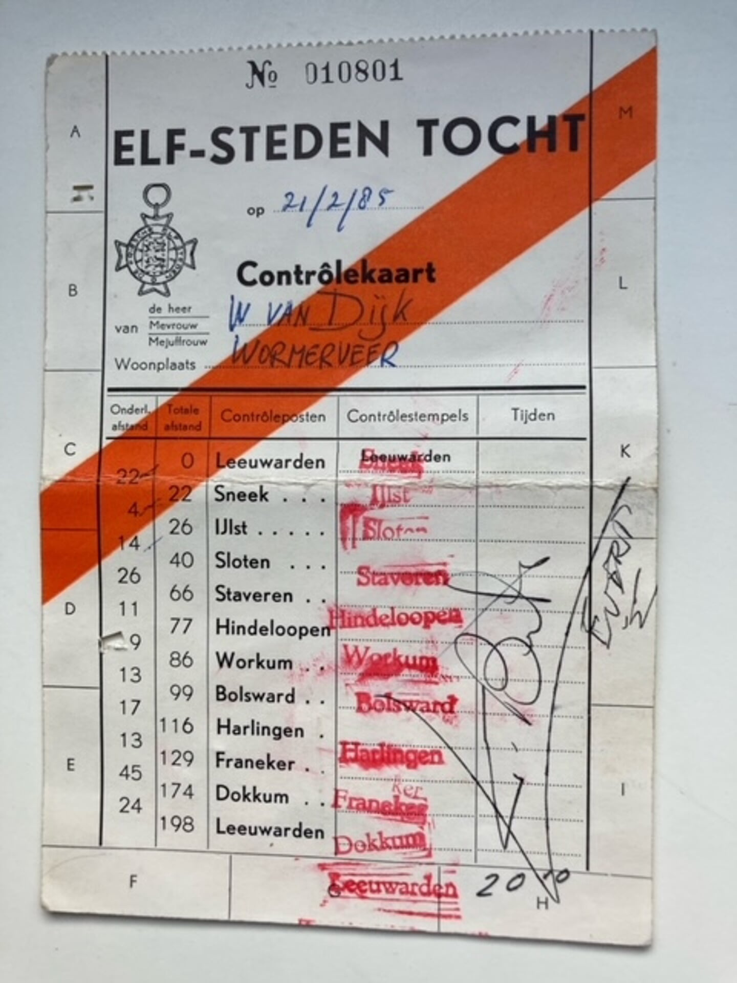 Deze stempelkaart is bijzonder omdat Evert van Benthem, de winnaar van 1985 en 1986, zijn handtekening erop gezet heeft. Die zie je rechts van de stempels - Wim van Dijk.