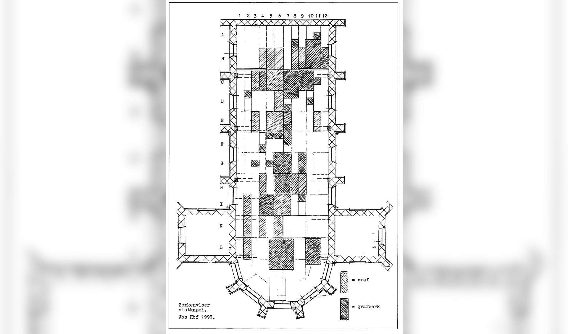 Plattegrond van de vloer van de Slotkapel, zoals weergegeven in Jos Hof, Graven en zerken in de Slotkapel, Egmond aan den Hoef 1994