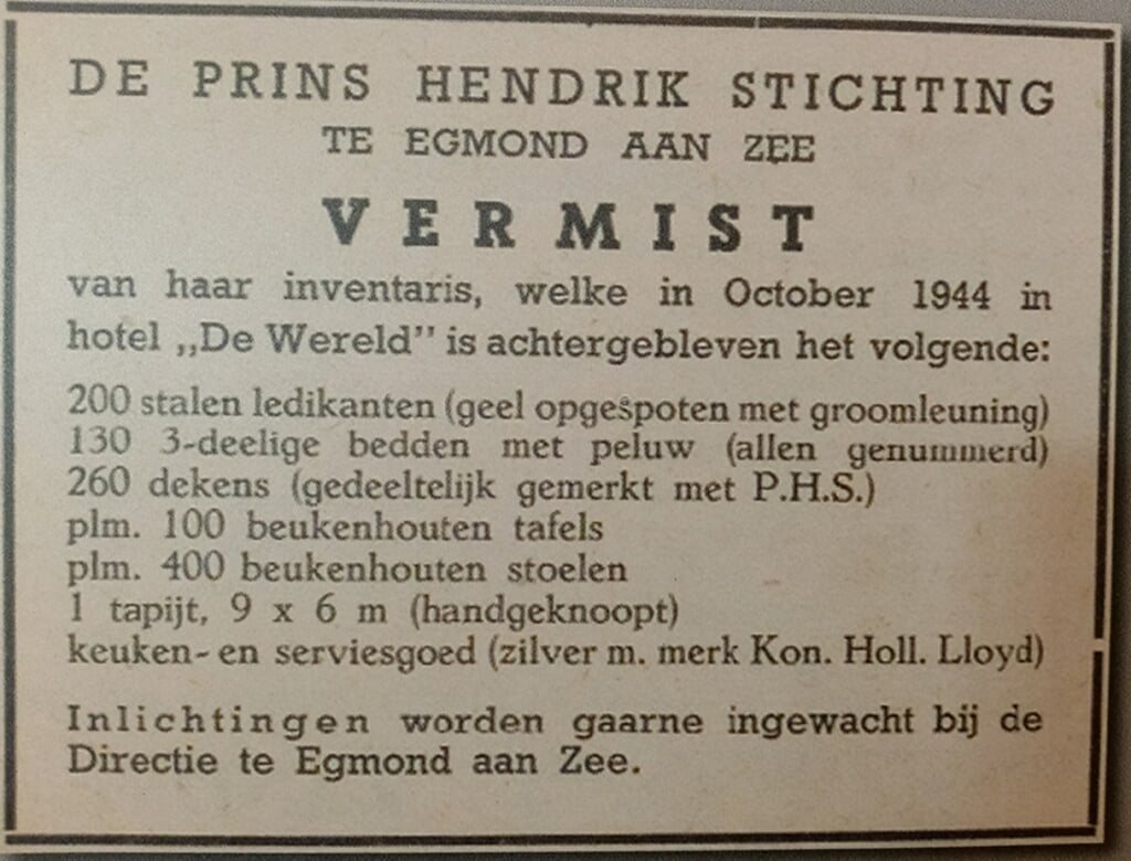 De Prins Hendrik Stichting is op zoek naar een deel van de inventaris.