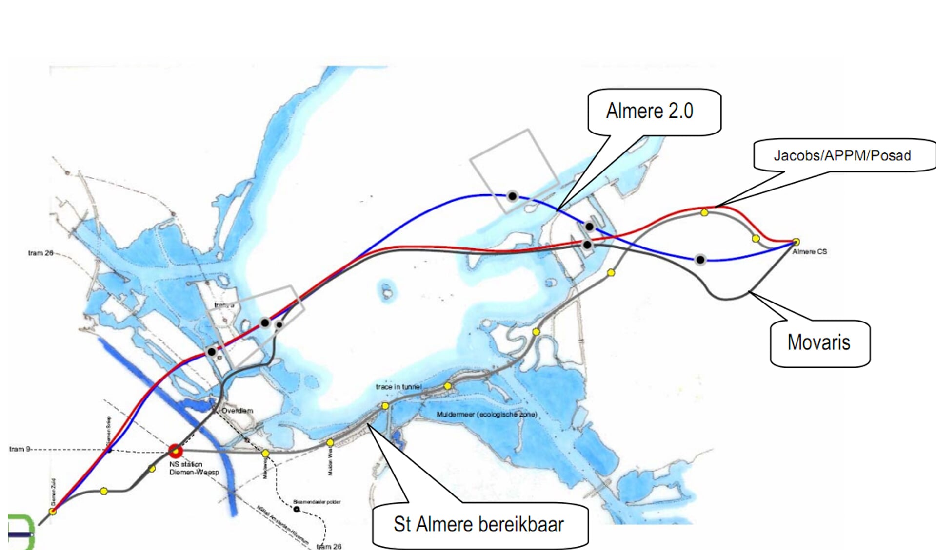 De vier voorgestelde IJmeerverbindingen, de onderste is van Almere Beter Bereikbaar