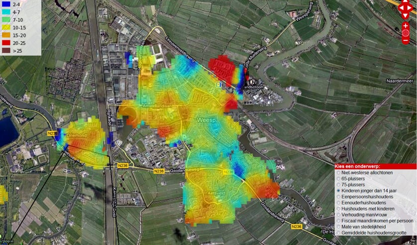 De interactieve kaart van Weesp met demografische gegevens van het CBS.
