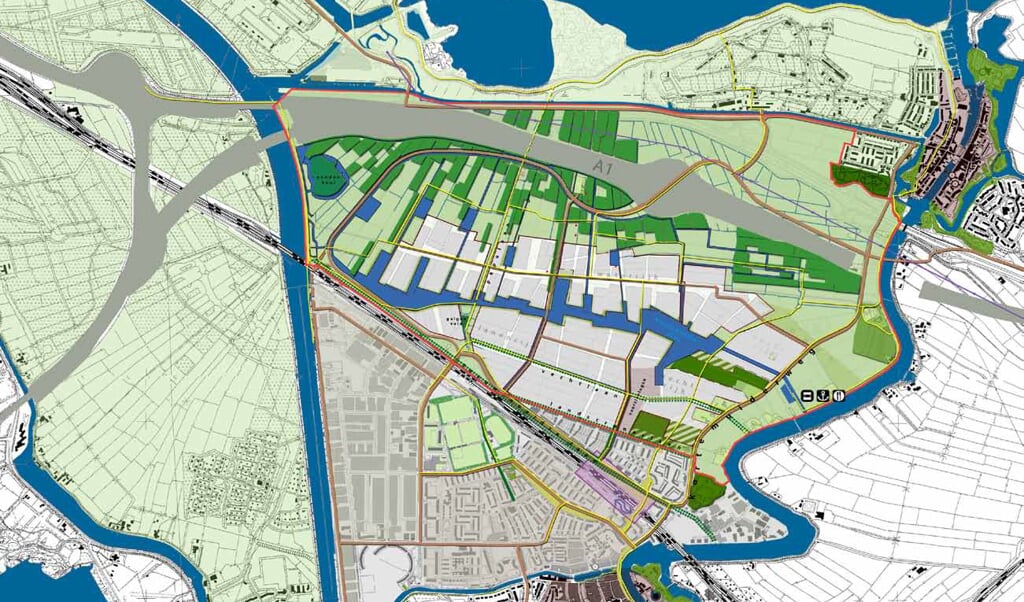 Zo komt de nieuwe wijk er grofweg uit te zien; concentratie van bebouwing bij Weesp. 