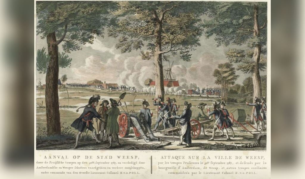 De Pruisische aanval op Weesp. Tekening uit het Rijksmuseum. Klik erop voor een vergroting.
