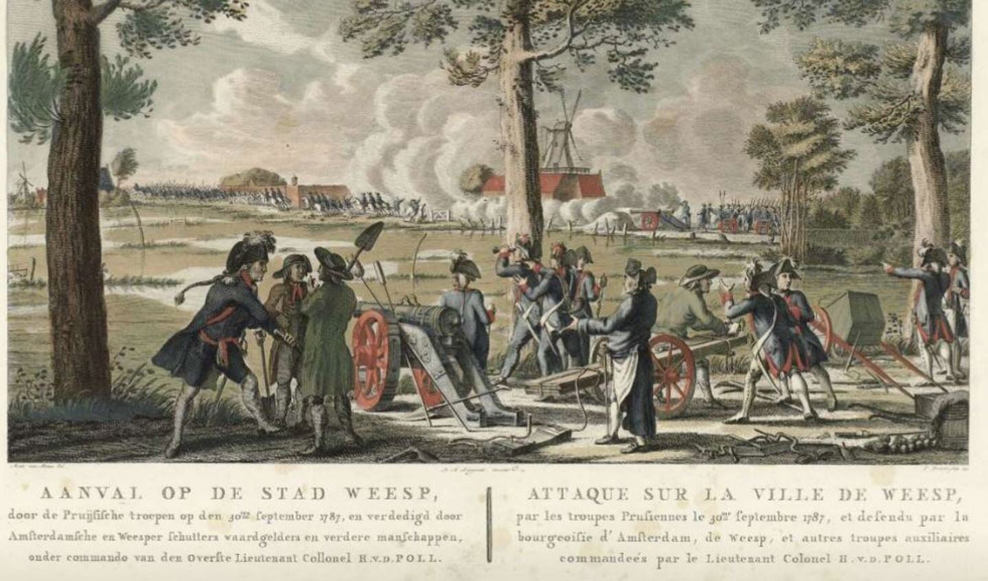 De Pruisische aanval op Weesp. Tekening uit het Rijksmuseum. Klik erop voor een vergroting.