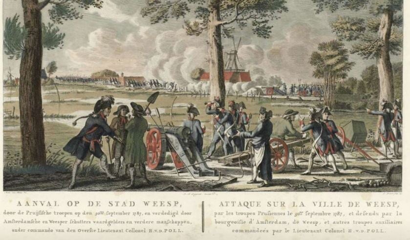 De Pruisische aanval op Weesp. Tekening uit het Rijksmuseum. Klik erop voor een vergroting.