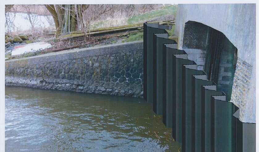 Een artist impression van de metalen damwand tegen de sluis.