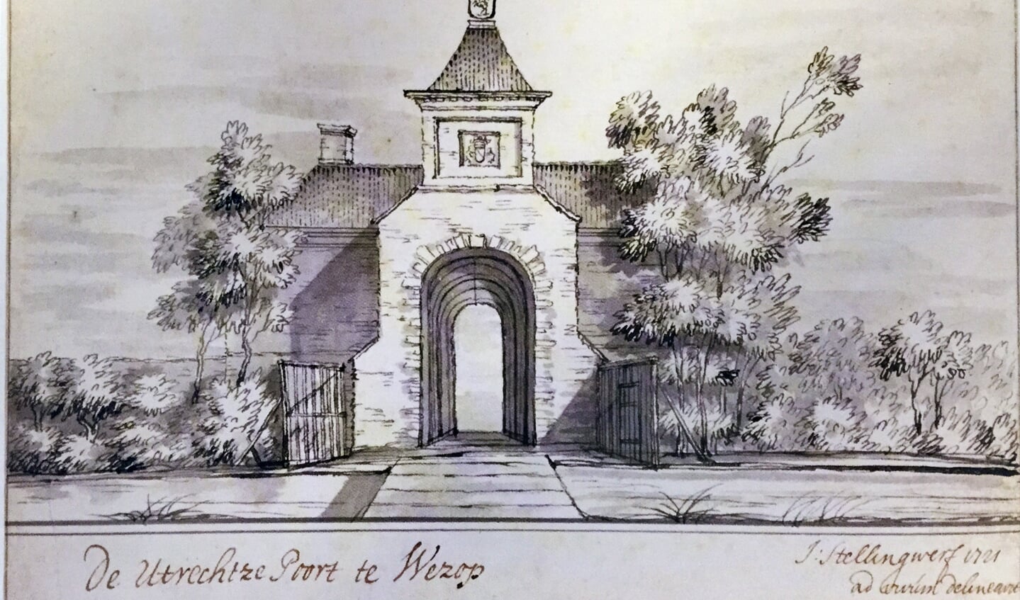 De Utrechtsepoort op een tekening van Jacob Stellingwerf in 1721 (collectie Rijksarchief Noord-Holland in Haarlem)