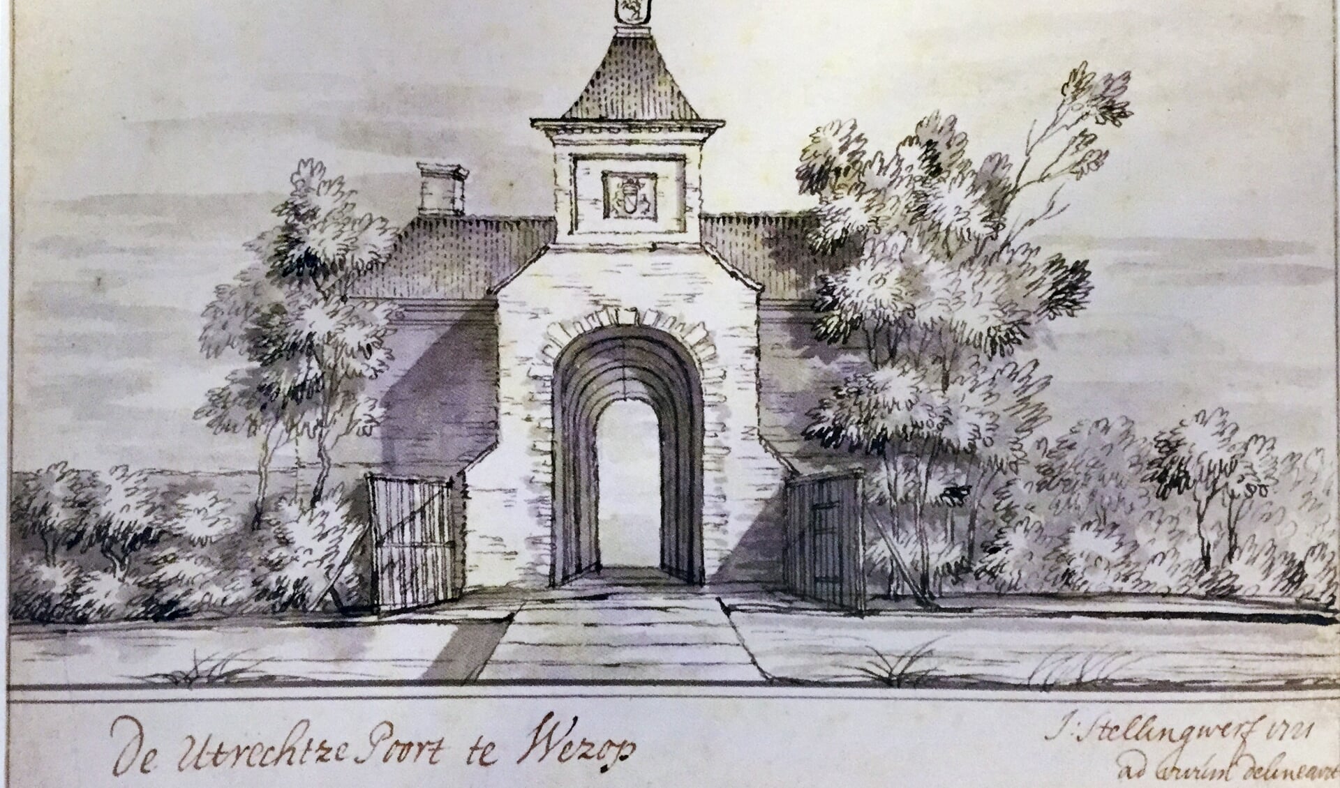 De Utrechtse poort op een tekening van Jacob Stellingwerf in 1721 (collectie Rijksarchief Noord-Holland in Haarlem)