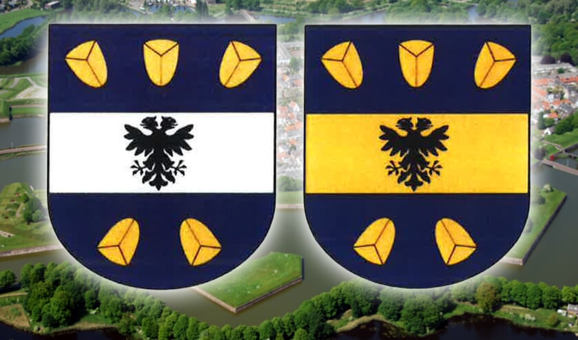 Links het wapen dat de voorkeur heeft van de Hoge Raad van Adel, rechts de tweede keuze.