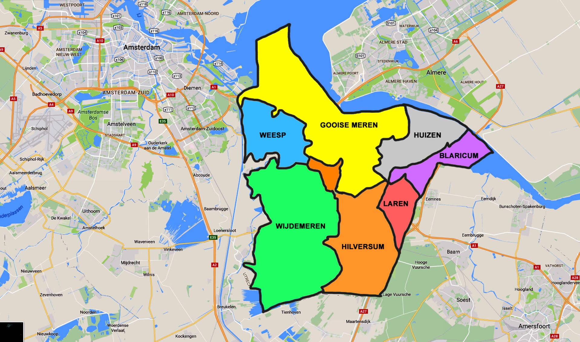 De zeven huidige gemeenten in de Gooi en Vechtstreek.