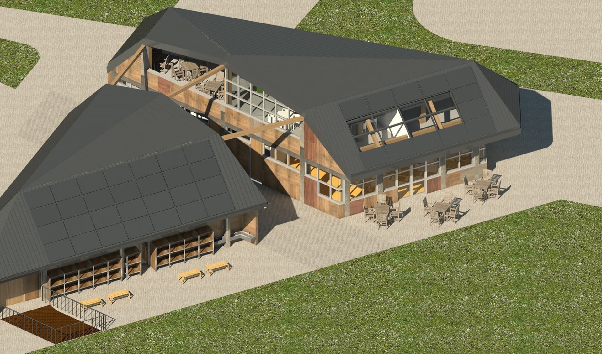 Links komen de dieren en rechts de 'mensendingen' in het nieuwe gebouw van de kinderboerderij. Schets: Min2 bouw-kunst