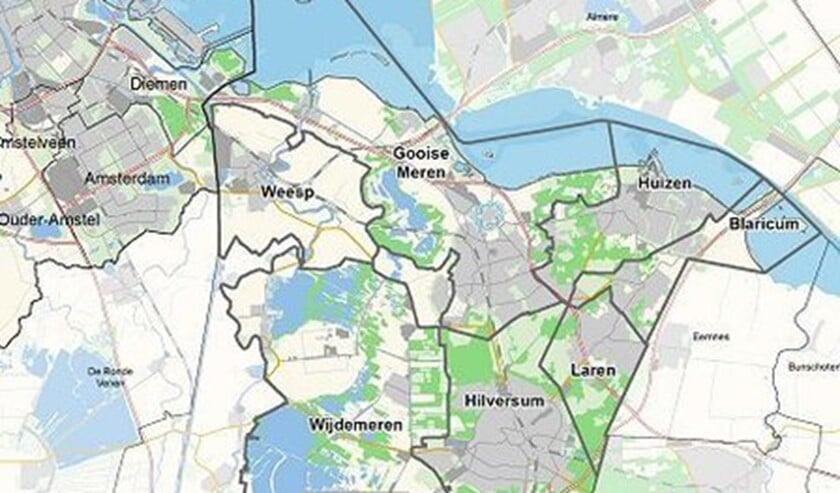 Kaart van de huidige bestuurlijke indeling van de regio.