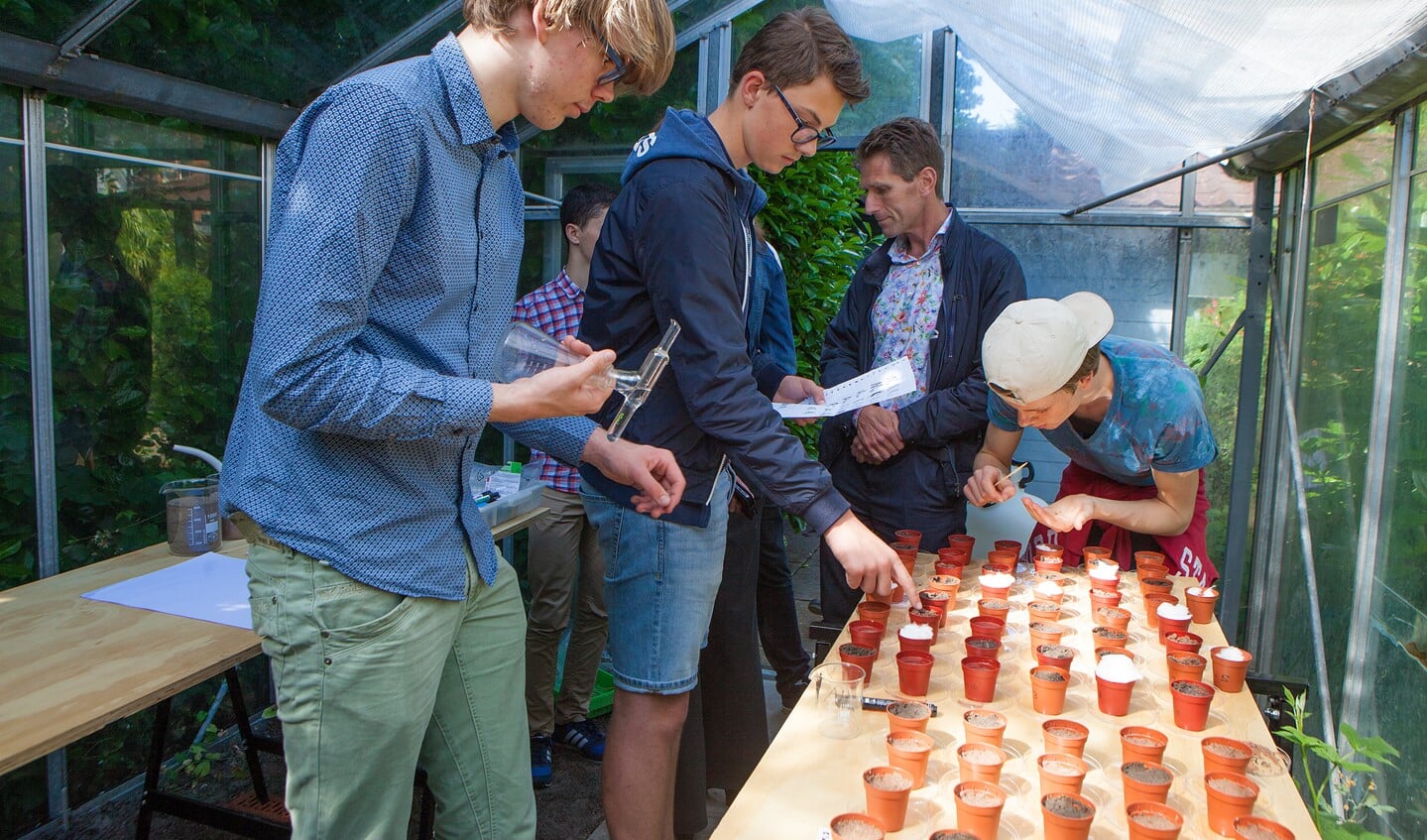 De leerlingen vullen secuur de potjes in de kas bij hun buren van Woongroep Mozart.