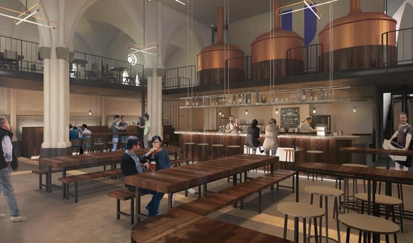 Om een idee te geven hoe het proeflokaal in de kerk eruit komt te zien. Boven de drie brouwketels.