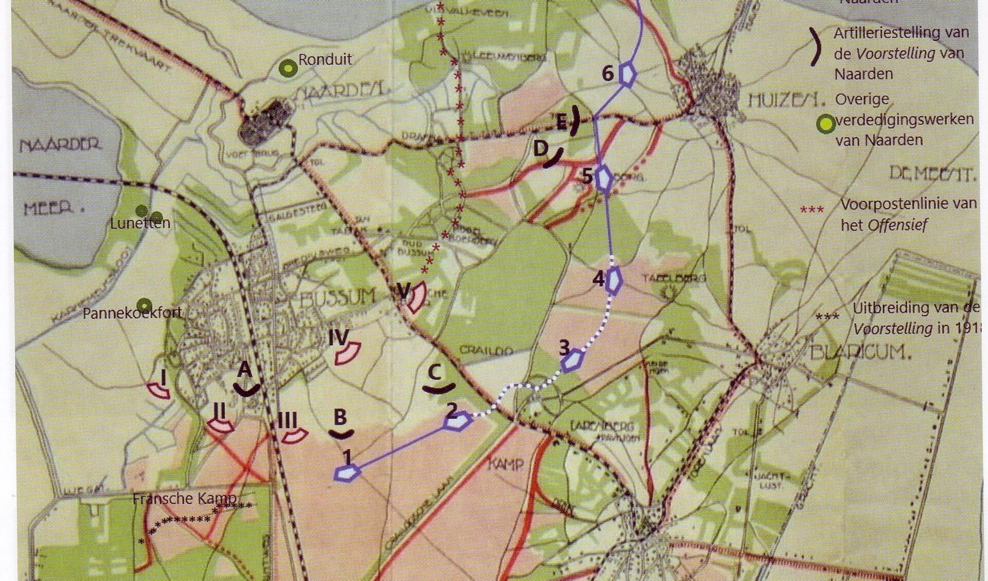 Een kaart met de stellingen van voor de Eerste Wereldoorlog.