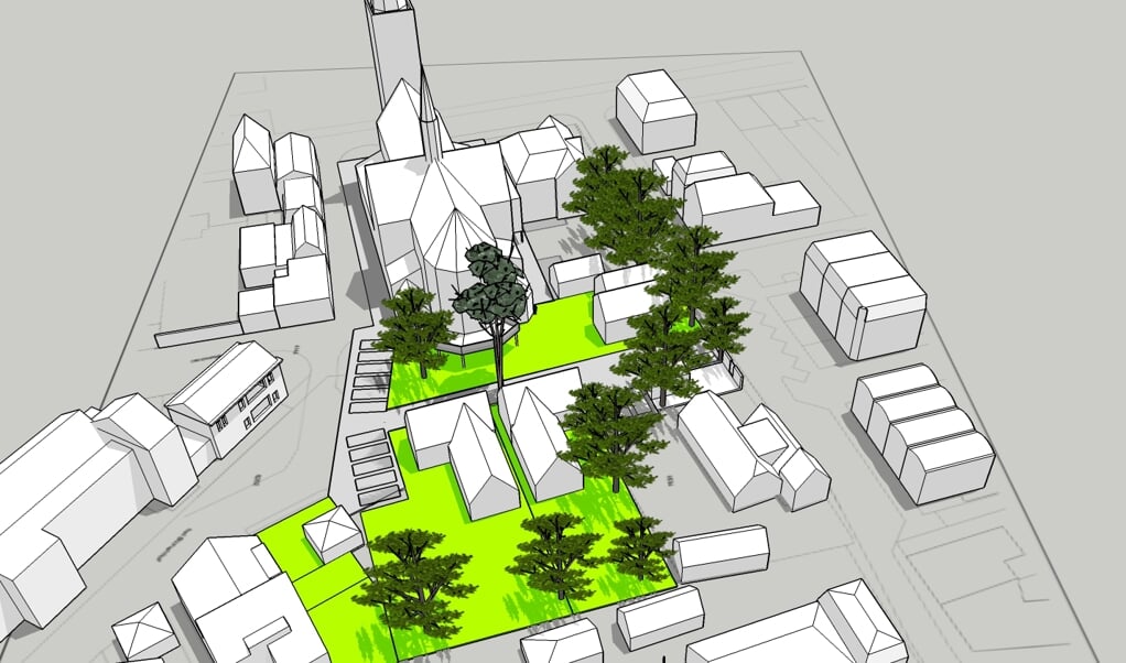 Het dronemodel van architect Martin Lette. Het geeft een beeld in welke richting het bouwplan voor de kerktuin zal gaan.